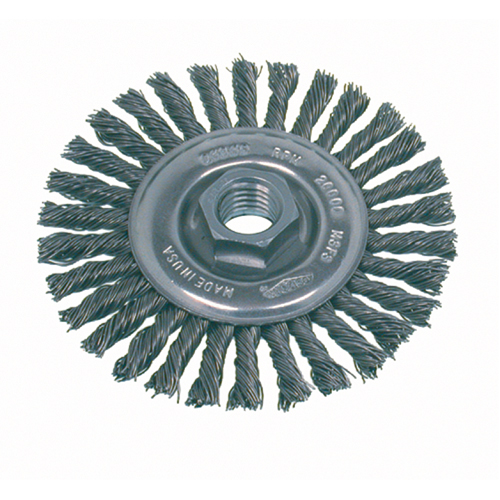 Brosse rotative &agrave; fils nou&eacute;s pour petites meuleuses haute vitesse, pour passe de fond, Dia. 4", Fils 0,02", Arbre 5/8"-11, Acier Stor-it Systems