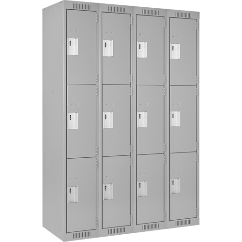 Clean Line Lockers, 3 -tier, Bank of 4, 48" x 18" x 72", Steel, Grey, Rivet (Assembled) Stor-it Systems