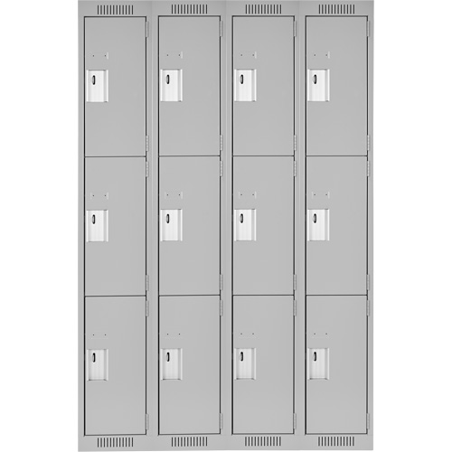 Clean Line Lockers, 3 -tier, Bank of 4, 48" x 18" x 72", Steel, Grey, Rivet (Assembled) Stor-it Systems