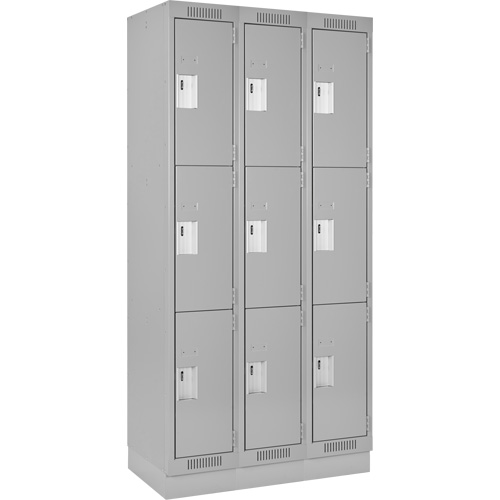 Clean Line Lockers, 3 -tier, Bank of 3, 36" x 18" x 76", Steel, Grey, Rivet (Assembled) Stor-it Systems