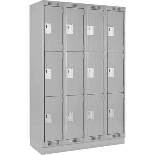 Clean Line Lockers, 3 -tier, Bank of 4, 48" x 18" x 76", Steel, Grey, Rivet (Assembled) Stor-it Systems
