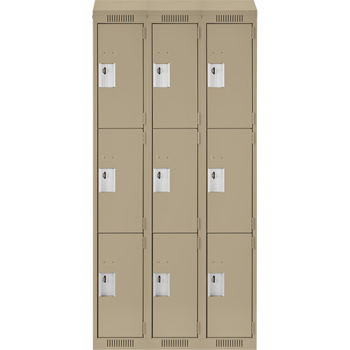 Clean Line Lockers, 3 -tier, Bank of 3, 36" x 18" x 78", Steel, Beige, Rivet (Assembled) Stor-it Systems