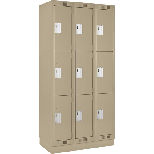Clean Line Lockers, 3 -tier, Bank of 3, 36" x 18" x 76", Steel, Beige, Rivet (Assembled) Stor-it Systems