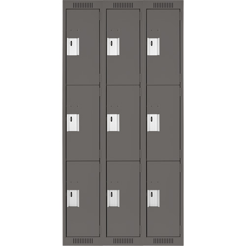 Clean Line Lockers, 3 -tier, Bank of 3, 36" x 18" x 72", Steel, Charcoal, Rivet (Assembled) Stor-it Systems