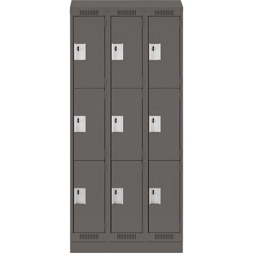 Clean Line Lockers, 3 -tier, Bank of 3, 36" x 18" x 82", Steel, Charcoal, Rivet (Assembled) Stor-it Systems