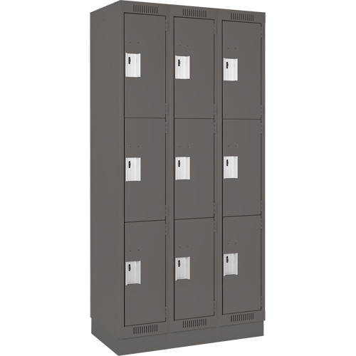 Clean Line Lockers, 3 -tier, Bank of 3, 36" x 18" x 76", Steel, Charcoal, Rivet (Assembled) Stor-it Systems