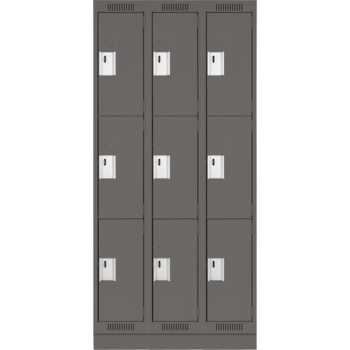 Clean Line Lockers, 3 -tier, Bank of 3, 36" x 18" x 76", Steel, Charcoal, Rivet (Assembled) Stor-it Systems
