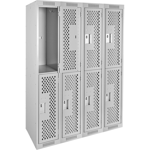 Clean Line Lockers, 2 -tier, Bank of 4, 48" x 12" x 72", Steel, Grey, Rivet (Assembled), Perforated Stor-it Systems