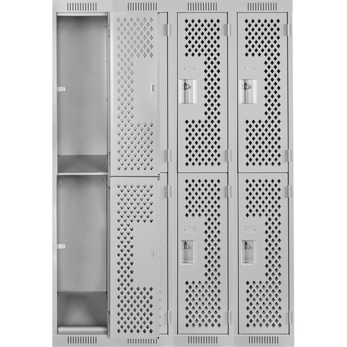 Clean Line Lockers, 2 -tier, Bank of 4, 48" x 12" x 72", Steel, Grey, Rivet (Assembled), Perforated Stor-it Systems