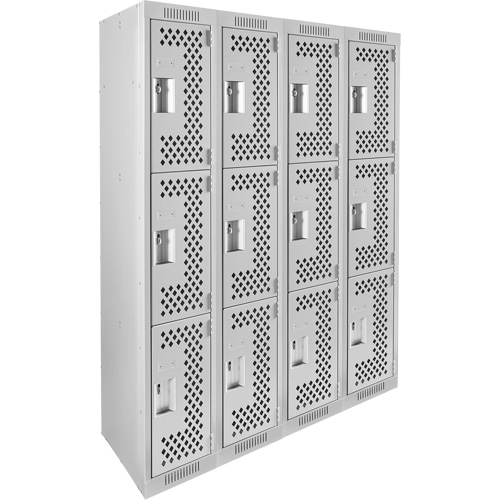 Clean Line Lockers, 3 -tier, Bank of 4, 48" x 12" x 72", Steel, Grey, Rivet (Assembled), Perforated Stor-it Systems