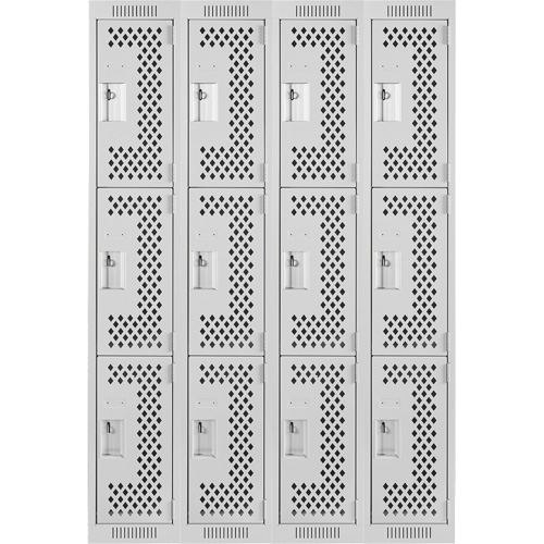 Clean Line Lockers, 3 -tier, Bank of 4, 48" x 12" x 72", Steel, Grey, Rivet (Assembled), Perforated Stor-it Systems