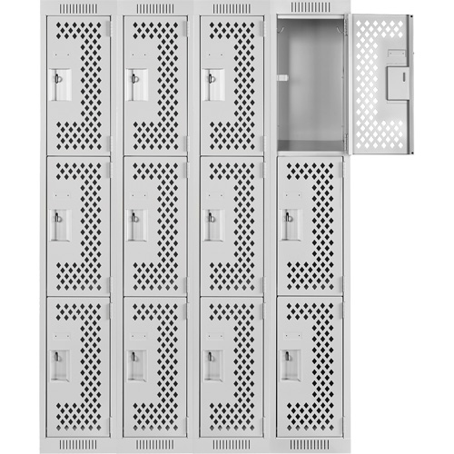 Clean Line Lockers, 3 -tier, Bank of 4, 48" x 12" x 72", Steel, Grey, Rivet (Assembled), Perforated Stor-it Systems