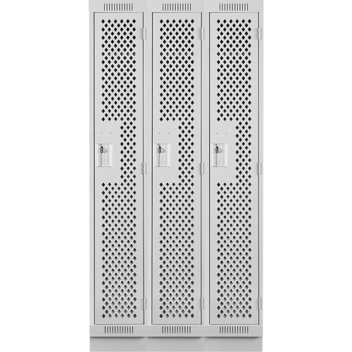 Clean Line Lockers, Bank of 3, 36" x 15" x 76", Steel, Grey, Rivet (Assembled), Perforated Stor-it Systems