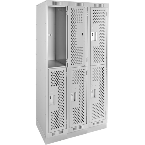 Clean Line Lockers, 2 -tier, Bank of 3, 36" x 15" x 76", Steel, Grey, Rivet (Assembled), Perforated Stor-it Systems