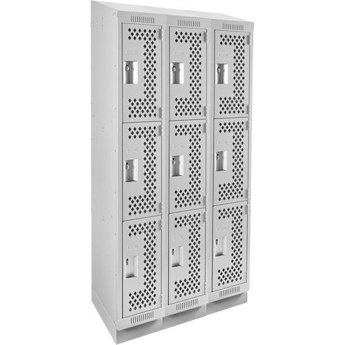 Clean Line Lockers, 3 -tier, Bank of 3, 36" x 15" x 82", Steel, Grey, Rivet (Assembled), Perforated Stor-it Systems