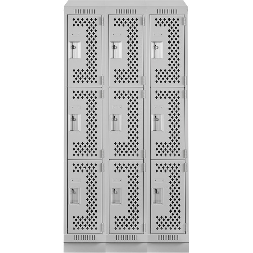 Clean Line Lockers, 3 -tier, Bank of 3, 36" x 15" x 82", Steel, Grey, Rivet (Assembled), Perforated Stor-it Systems