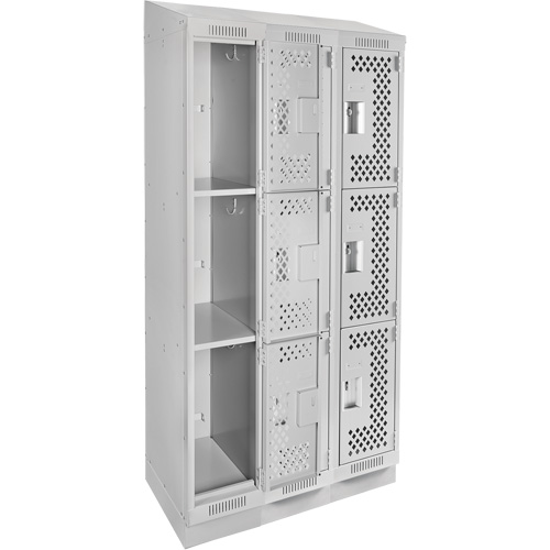 Clean Line Lockers, 3 -tier, Bank of 3, 36" x 15" x 82", Steel, Grey, Rivet (Assembled), Perforated Stor-it Systems