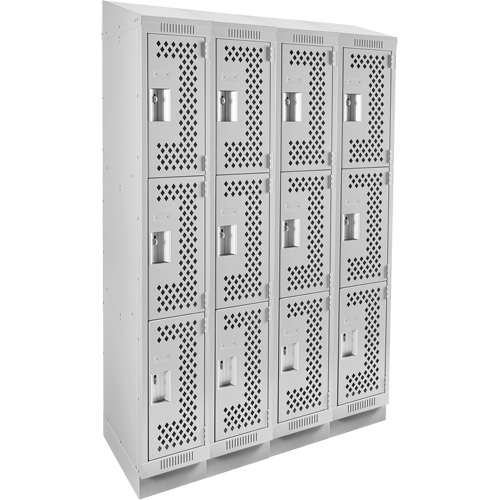 Clean Line Lockers, 3 -tier, Bank of 4, 48" x 15" x 82", Steel, Grey, Rivet (Assembled), Perforated Stor-it Systems