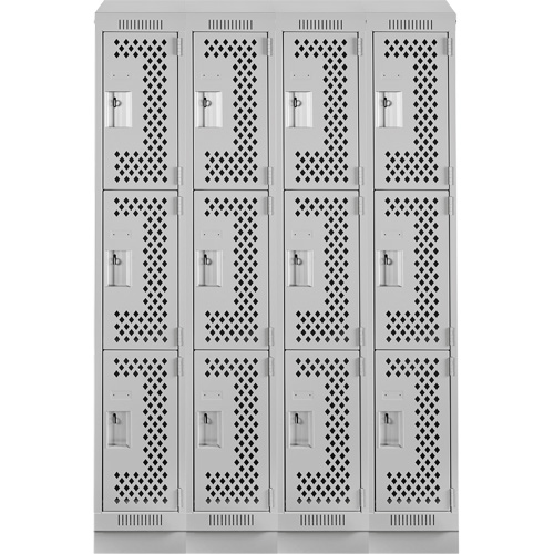 Clean Line Lockers, 3 -tier, Bank of 4, 48" x 15" x 82", Steel, Grey, Rivet (Assembled), Perforated Stor-it Systems