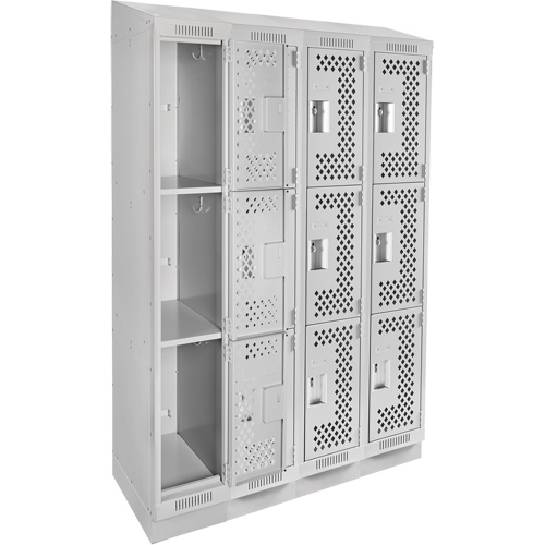 Clean Line Lockers, 3 -tier, Bank of 4, 48" x 15" x 82", Steel, Grey, Rivet (Assembled), Perforated Stor-it Systems