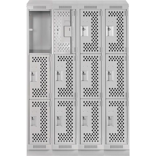 Clean Line Lockers, 3 -tier, Bank of 4, 48" x 15" x 82", Steel, Grey, Rivet (Assembled), Perforated Stor-it Systems