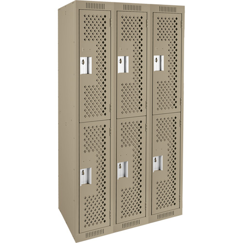 Clean Line Lockers, 2 -tier, Bank of 3, 36" x 12" x 72", Steel, Beige, Rivet (Assembled), Perforated Stor-it Systems