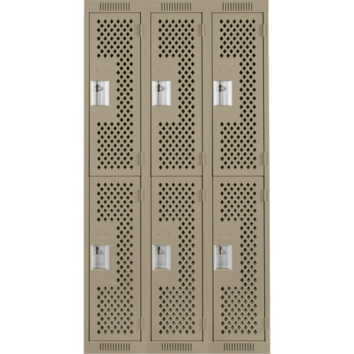 Clean Line Lockers, 2 -tier, Bank of 3, 36" x 12" x 72", Steel, Beige, Rivet (Assembled), Perforated Stor-it Systems