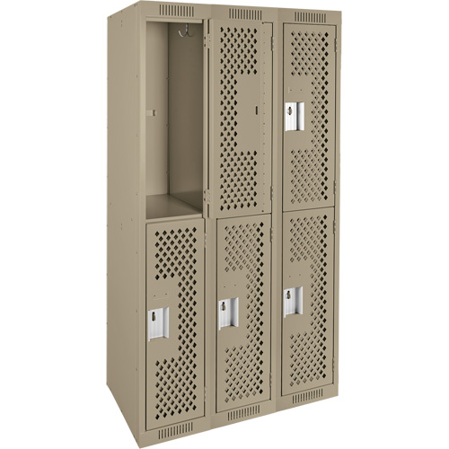 Clean Line Lockers, 2 -tier, Bank of 3, 36" x 12" x 72", Steel, Beige, Rivet (Assembled), Perforated Stor-it Systems