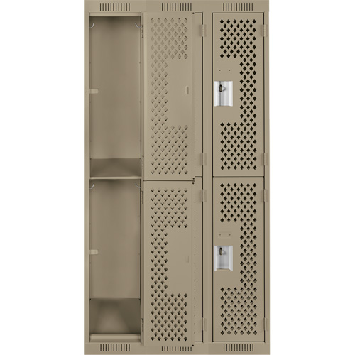 Clean Line Lockers, 2 -tier, Bank of 3, 36" x 12" x 72", Steel, Beige, Rivet (Assembled), Perforated Stor-it Systems