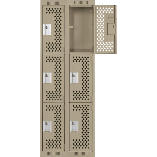 Clean Line Lockers, 3 -tier, Bank of 2, 24" x 12" x 72", Steel, Beige, Rivet (Assembled), Perforated Stor-it Systems