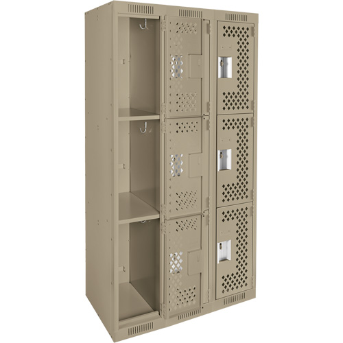 Clean Line Lockers, 3 -tier, Bank of 3, 36" x 12" x 72", Steel, Beige, Rivet (Assembled), Perforated Stor-it Systems
