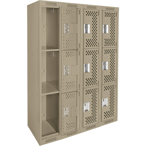 Clean Line Lockers, 3 -tier, Bank of 4, 48" x 12" x 72", Steel, Beige, Rivet (Assembled), Perforated Stor-it Systems