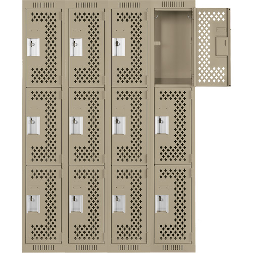Clean Line Lockers, 3 -tier, Bank of 4, 48" x 12" x 72", Steel, Beige, Rivet (Assembled), Perforated Stor-it Systems