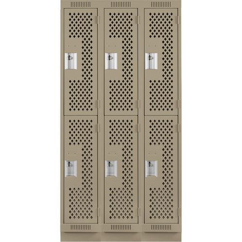 Clean Line Lockers, 2 -tier, Bank of 3, 36" x 15" x 76", Steel, Beige, Rivet (Assembled), Perforated Stor-it Systems