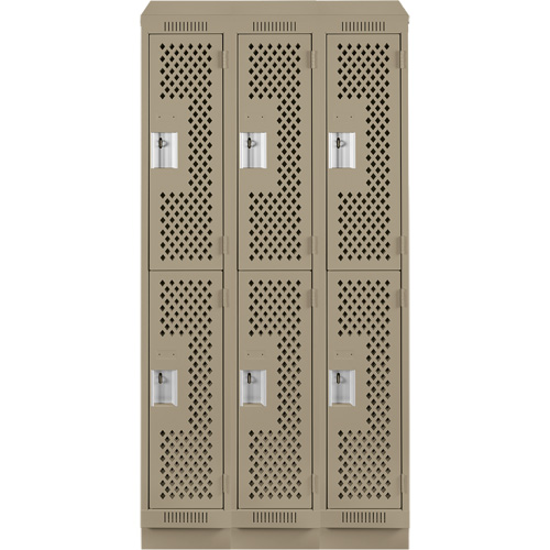 Clean Line Lockers, 2 -tier, Bank of 3, 36" x 12" x 82", Steel, Beige, Rivet (Assembled), Perforated Stor-it Systems