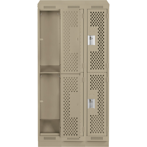 Clean Line Lockers, 2 -tier, Bank of 3, 36" x 12" x 82", Steel, Beige, Rivet (Assembled), Perforated Stor-it Systems