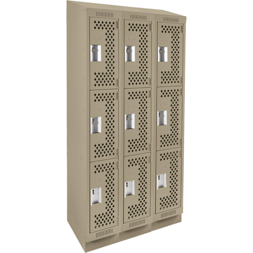 Clean Line Lockers, 3 -tier, Bank of 3, 36" x 15" x 82", Steel, Beige, Rivet (Assembled), Perforated Stor-it Systems