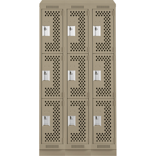 Clean Line Lockers, 3 -tier, Bank of 3, 36" x 15" x 82", Steel, Beige, Rivet (Assembled), Perforated Stor-it Systems