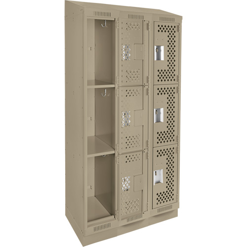 Clean Line Lockers, 3 -tier, Bank of 3, 36" x 15" x 82", Steel, Beige, Rivet (Assembled), Perforated Stor-it Systems