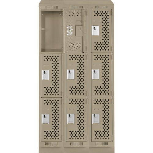 Clean Line Lockers, 3 -tier, Bank of 3, 36" x 15" x 82", Steel, Beige, Rivet (Assembled), Perforated Stor-it Systems
