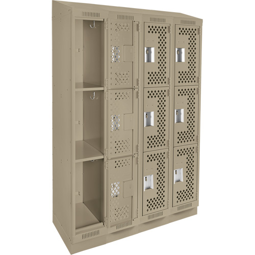 Clean Line Lockers, 3 -tier, Bank of 4, 48" x 15" x 82", Steel, Beige, Rivet (Assembled), Perforated Stor-it Systems