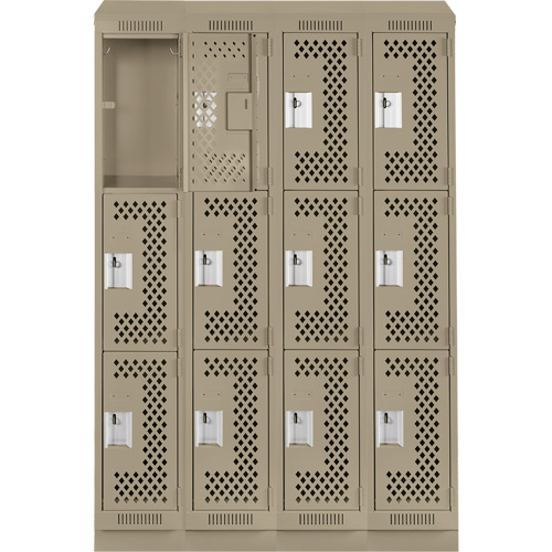 Clean Line Lockers, 3 -tier, Bank of 4, 48" x 15" x 82", Steel, Beige, Rivet (Assembled), Perforated Stor-it Systems