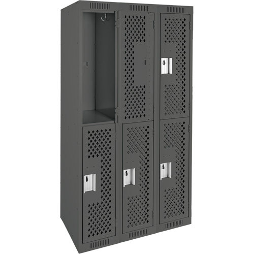 Clean Line Lockers, 2 -tier, Bank of 3, 36" x 15" x 72", Steel, Charcoal, Rivet (Assembled), Perforated Stor-it Systems