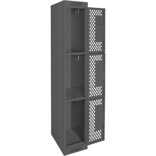 Clean Line Lockers, 3 -tier, 12" x 12" x 72", Steel, Charcoal, Rivet (Assembled), Perforated Stor-it Systems