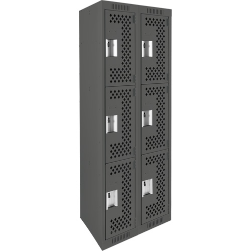 Clean Line Lockers, 3 -tier, Bank of 2, 24" x 12" x 72", Steel, Charcoal, Rivet (Assembled), Perforated Stor-it Systems