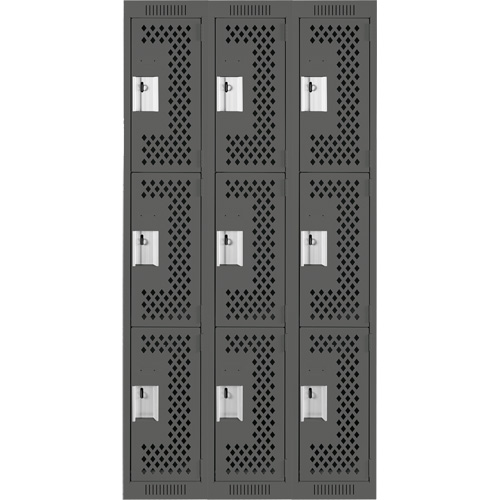 Clean Line Lockers, 3 -tier, Bank of 3, 36" x 12" x 72", Steel, Charcoal, Rivet (Assembled), Perforated Stor-it Systems