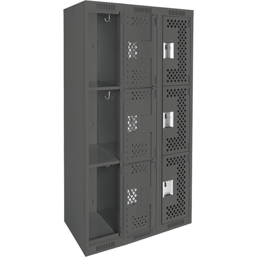 Clean Line Lockers, 3 -tier, Bank of 3, 36" x 12" x 72", Steel, Charcoal, Rivet (Assembled), Perforated Stor-it Systems