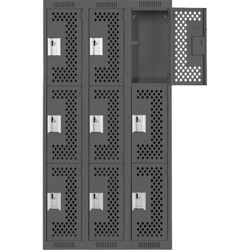 Clean Line Lockers, 3 -tier, Bank of 3, 36" x 12" x 72", Steel, Charcoal, Rivet (Assembled), Perforated Stor-it Systems