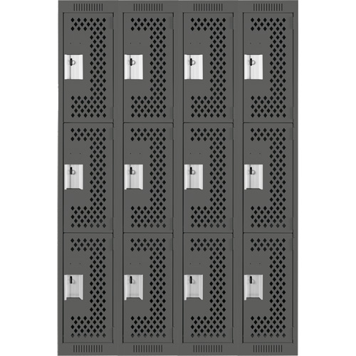 Clean Line Lockers, 3 -tier, Bank of 4, 48" x 12" x 72", Steel, Charcoal, Rivet (Assembled), Perforated Stor-it Systems