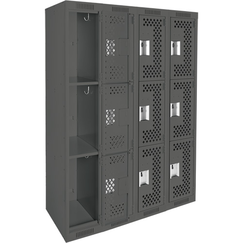 Clean Line Lockers, 3 -tier, Bank of 4, 48" x 12" x 72", Steel, Charcoal, Rivet (Assembled), Perforated Stor-it Systems